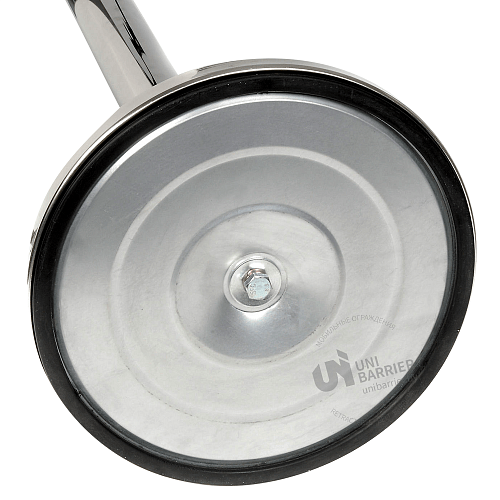 Стойка ограждения UNI-100 серебристая зеркальная основание полуконус желтая лента