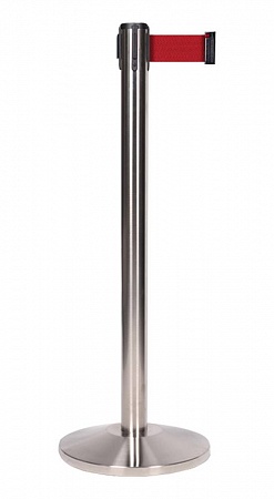 Стойка ограждения UniBar-200 серебристая шлифованная основание полуконус красная лента